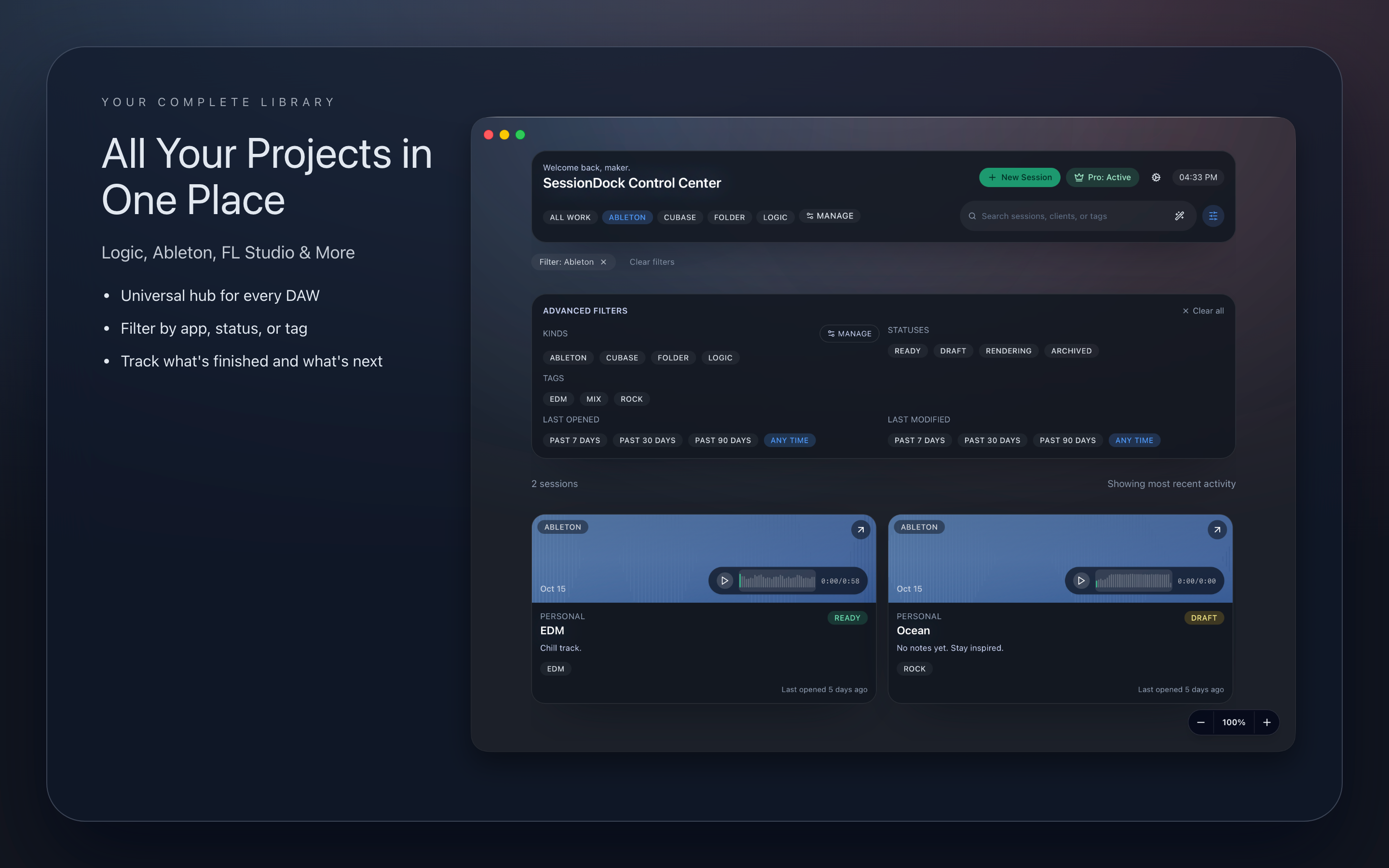 Session preview panel with waveform and metadata